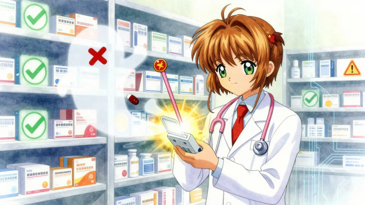 A pharmacist scans a medicine box with a magical device, causing counterfeit pills to vanish in smoke.