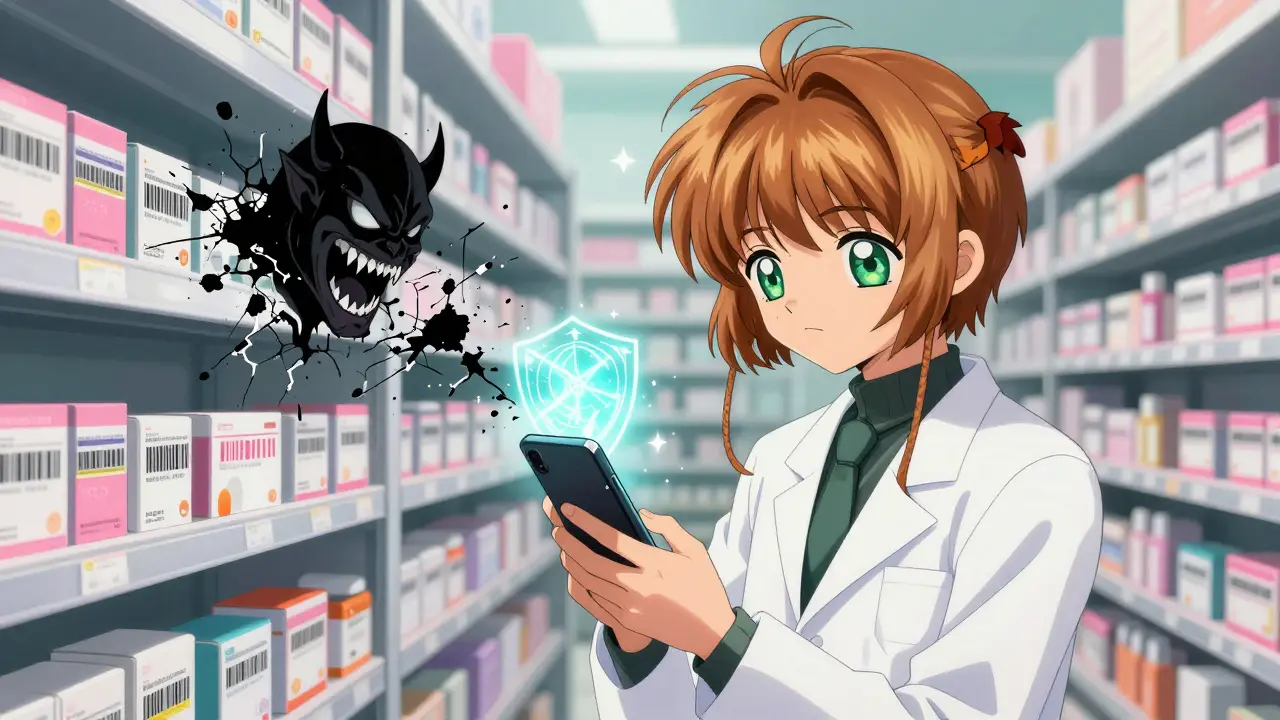 A pharmacist scans a pill package as a fake drug transforms into a demonic figure on their screen.