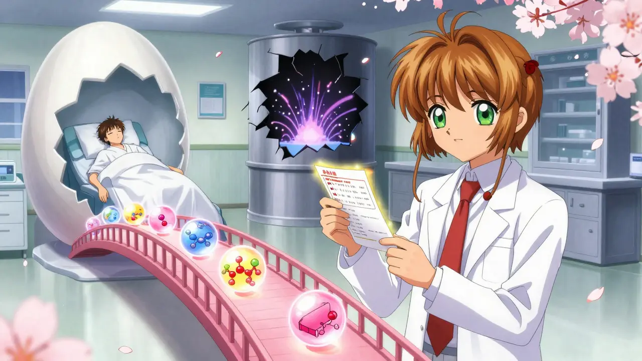 A pharmacist standing on a data bridge leading to a hospital, with a cracked accelerated test chamber behind.