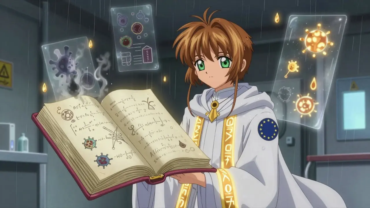 A Qualified Person in a magical robe standing before a floating book of regulations, holograms of batches glowing behind them.