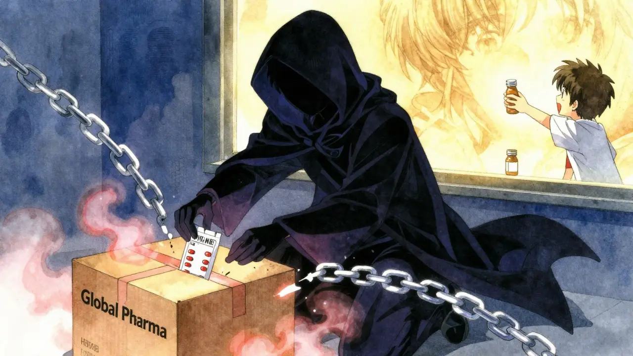 A shadowy figure slips fake medicine into a shipping crate as chain links break behind them.