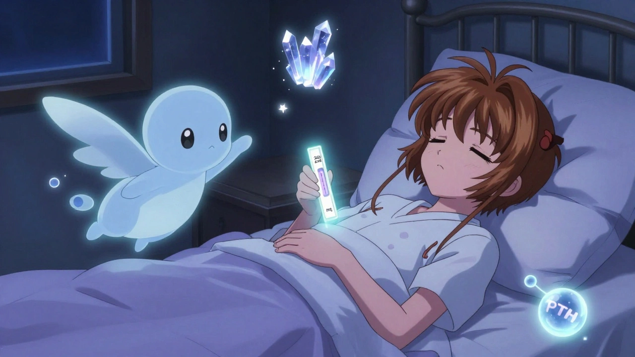 A sleeping patient surrounded by peaceful magnesium and phosphate spirits, with calcium crystals shining like stars above their bed.