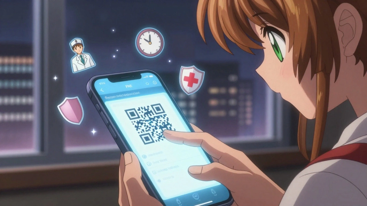 A smartphone displays a holographic patient medication guide with floating safety icons.