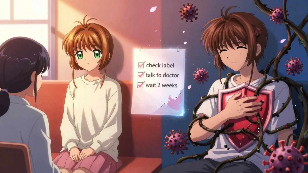 A split scene showing safe depression treatment versus dangerous herbal interaction with HIV meds.