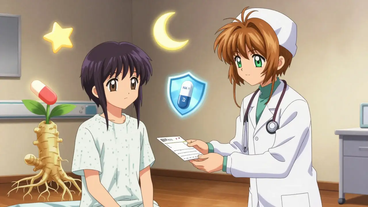 A teenager receiving a prescription with glowing symbols of anti-nausea treatments floating around them in a soft, hopeful scene.
