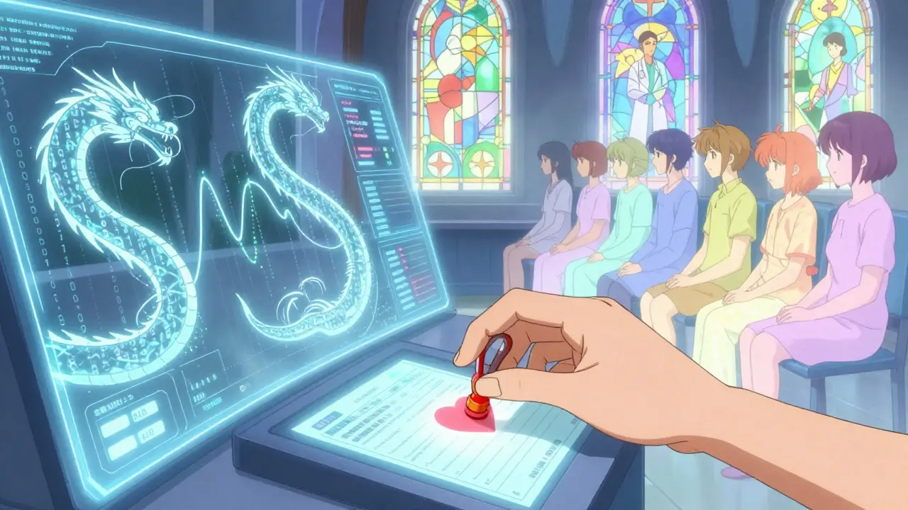 AI data dragons flowing through holograms as a human places a heart-shaped seal over a batch record, patients waiting in the background.