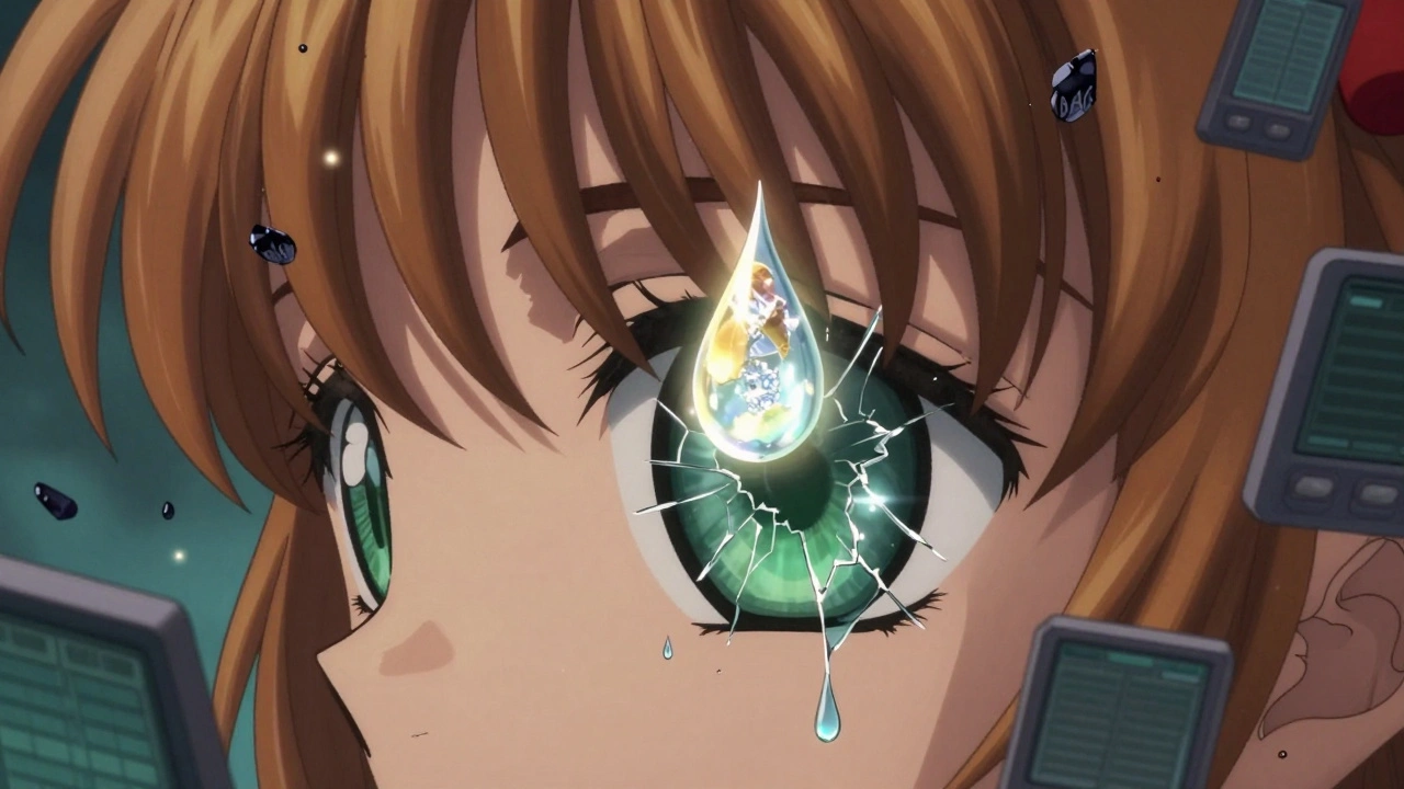 An eye with a cracked oil layer and evaporating water droplets, a glowing artificial tear drop descending.