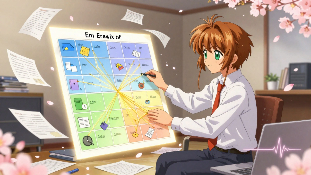 Coach placing a glowing Eisenhower Matrix over chaotic room, tasks sorting into calm quadrants.