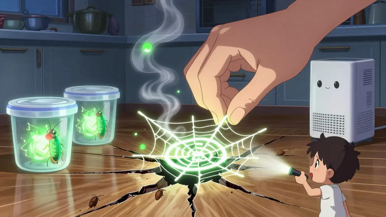 Cockroach allergens being sealed with magical runes in a kitchen, a dehumidifier with a cute face and airtight containers glowing safely.