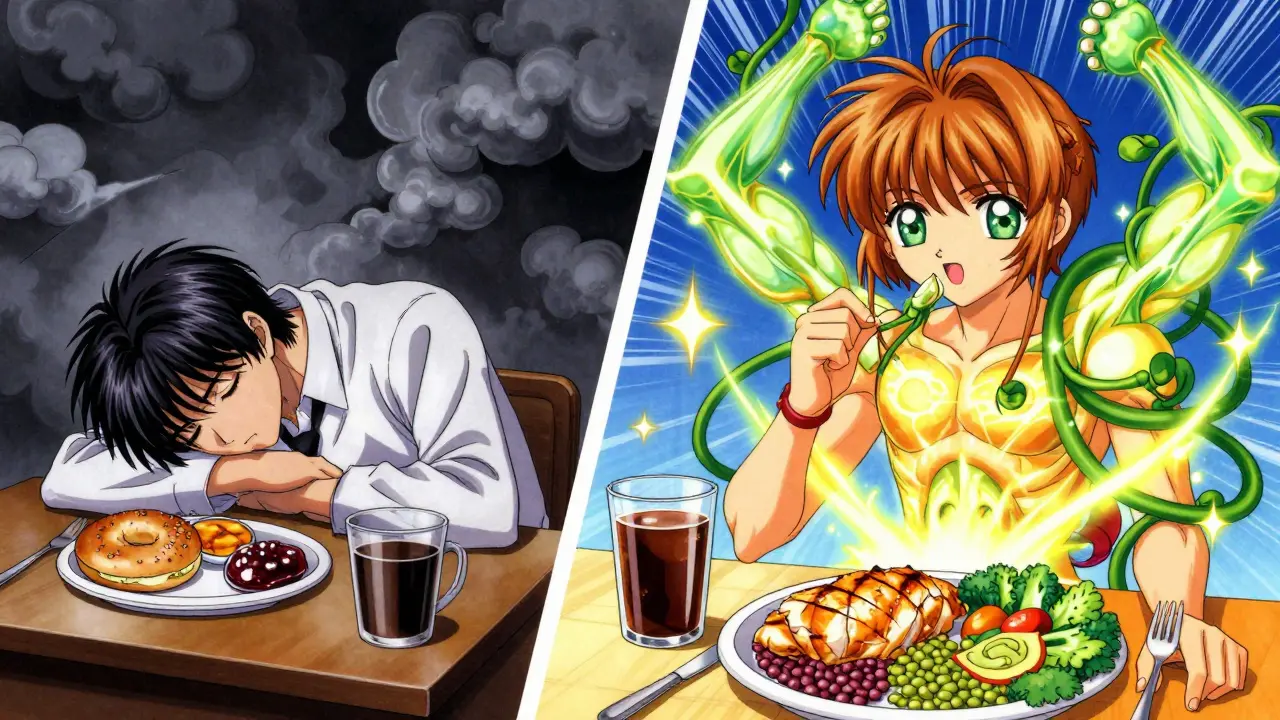 Contrasting scenes of hunger and energy after carb vs. protein meals, with magical vines and muscle runes in anime style.