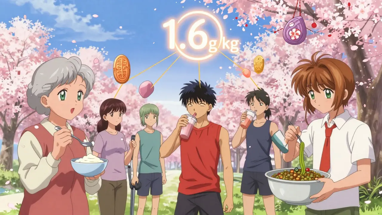 Diverse people eating protein-rich meals, connected by glowing talismans shaped like protein symbols under a dreamy sky.