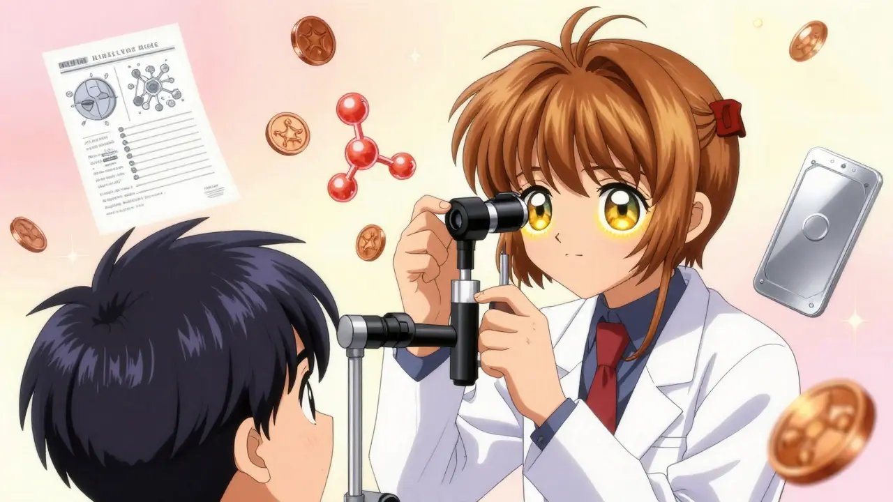 Doctor examining patient's eye with glowing Kayser-Fleischer ring, copper runes floating in the air.