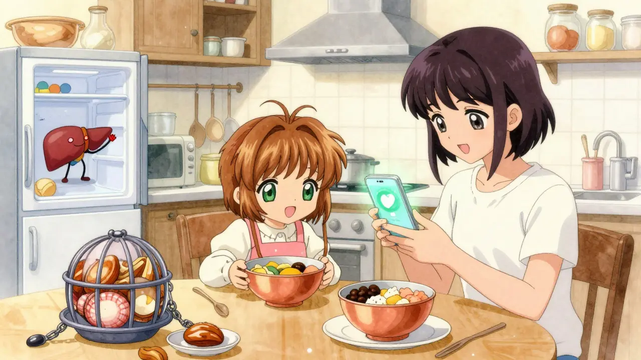 Family in kitchen with copper-free meal, copper-rich foods locked in prison cells, smiling liver in fridge.