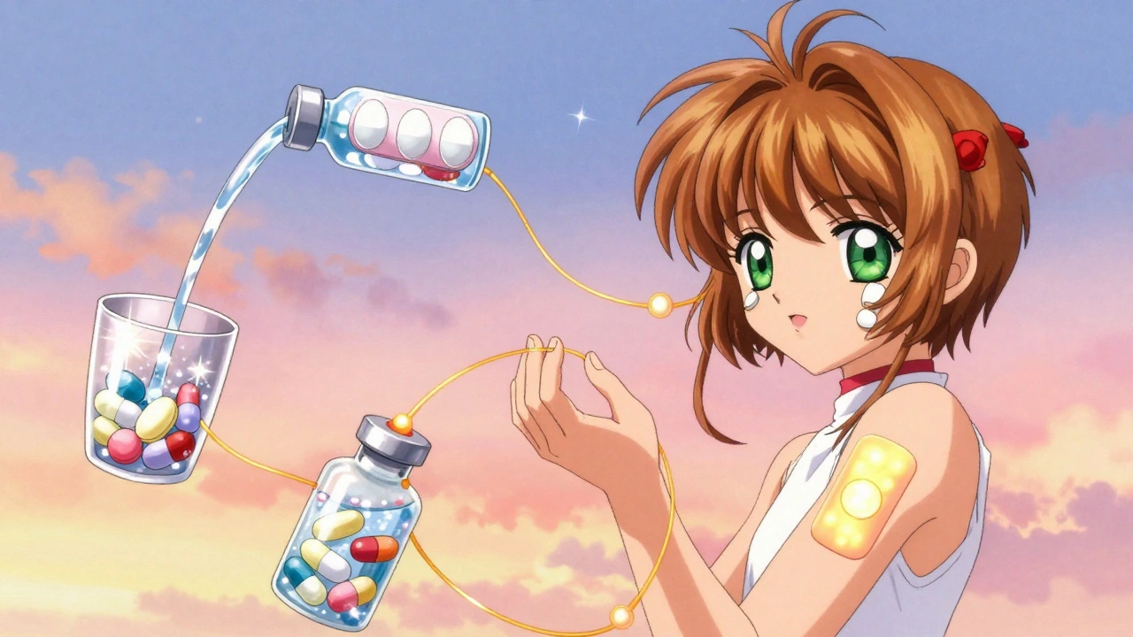 Floating collection of alternative medicine forms like patches, films, and effervescent tablets.