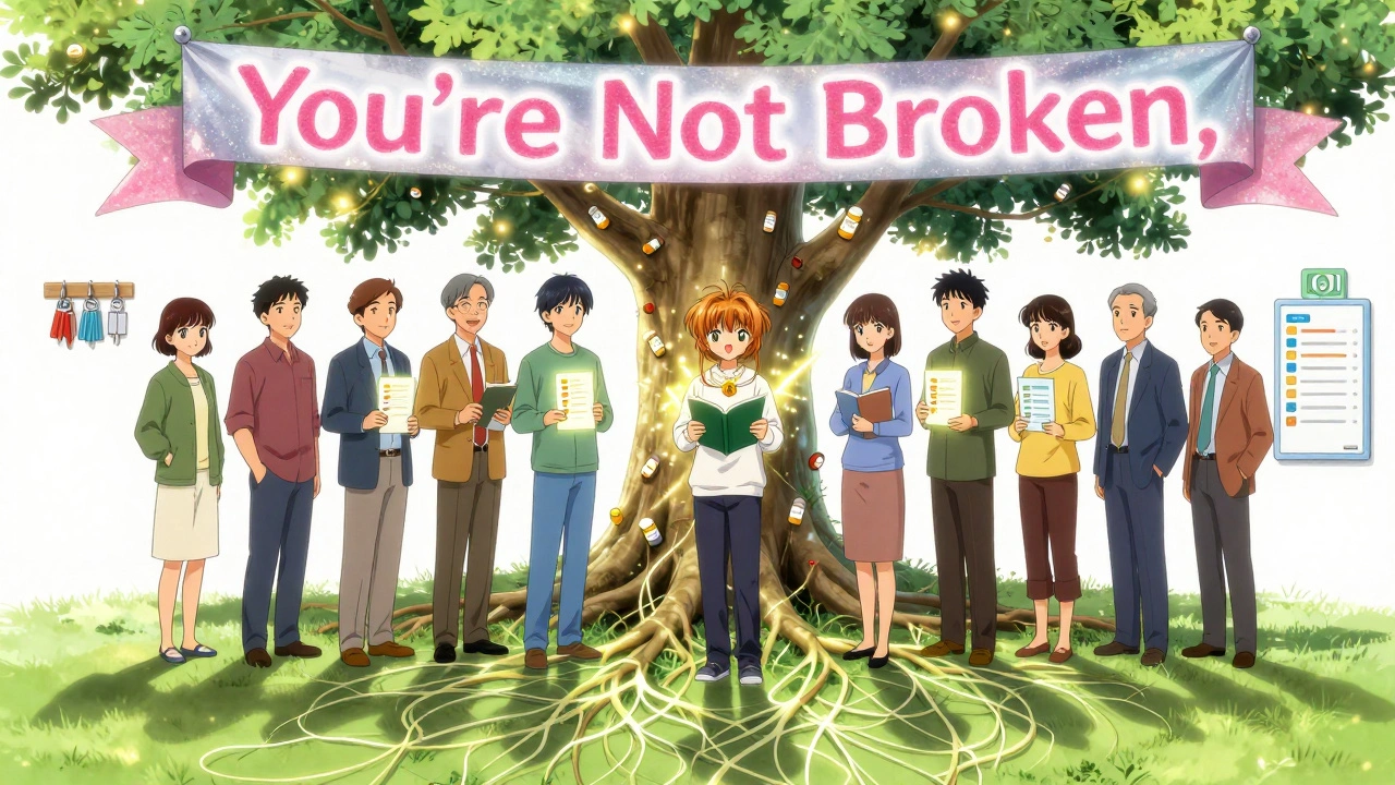 Group under a tree of medication and organization tools, shadows turning from chaos to order.