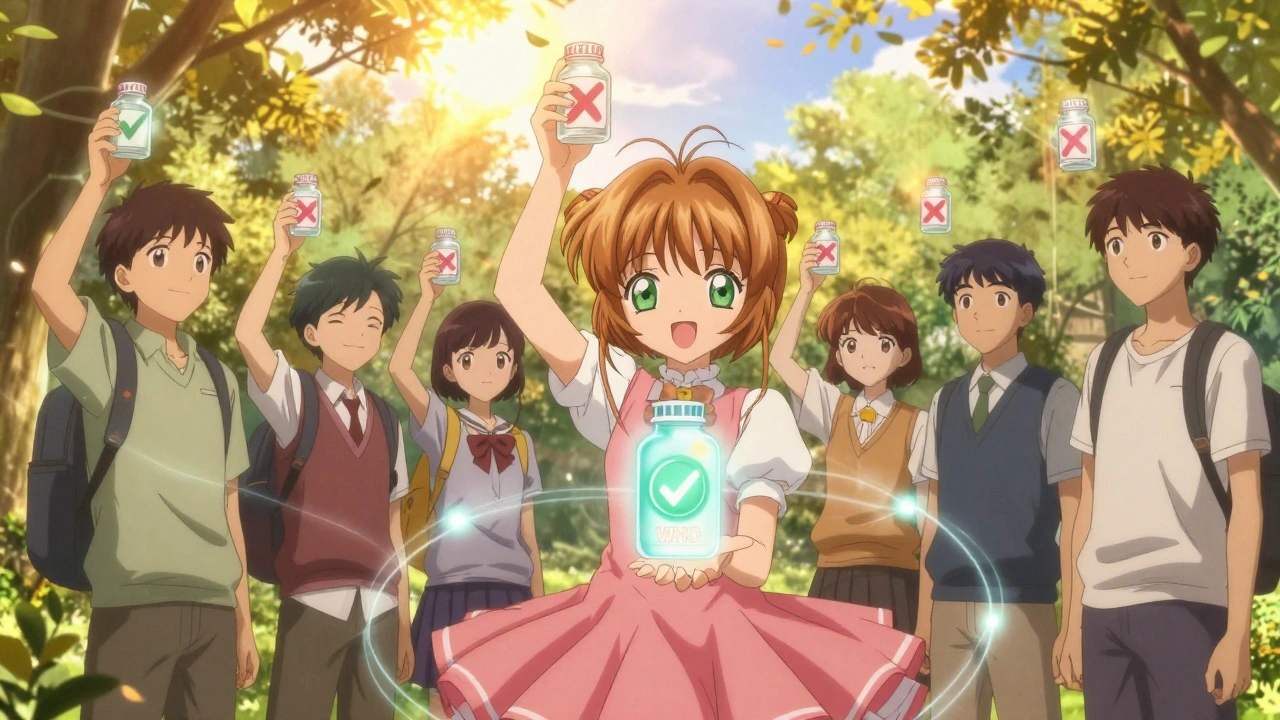 People in a park holding medicine bottles that glow with checkmarks or Xs as they verify authenticity using the WHO app.