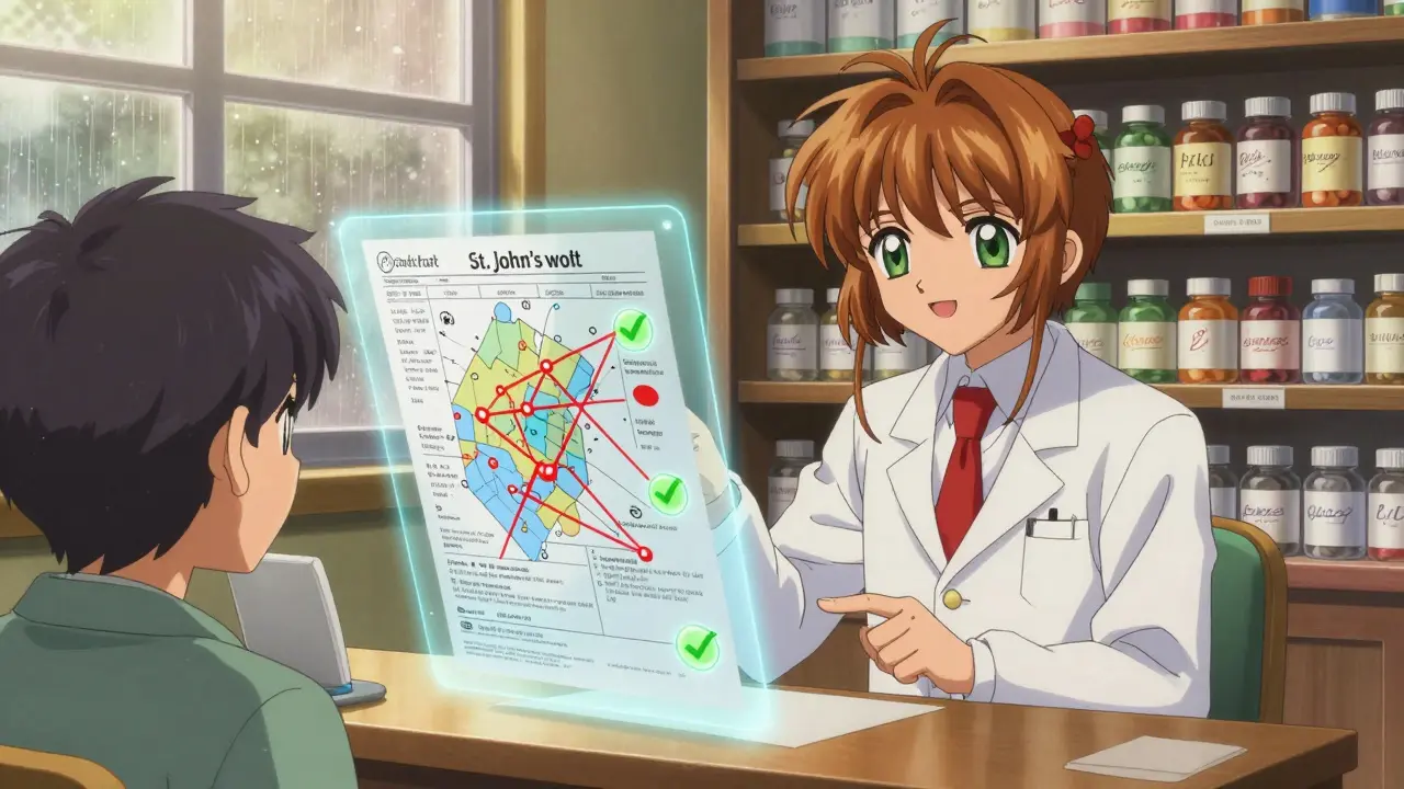 Pharmacist using a holographic interaction map to show dangerous drug connections on a printed medication list.