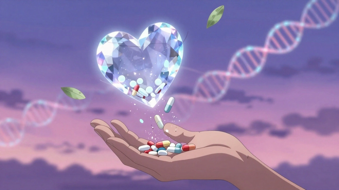 Pills dissolve into light as steady hands reach forward, surrounded by gene strands and propranolol leaves in dreamy anime style.