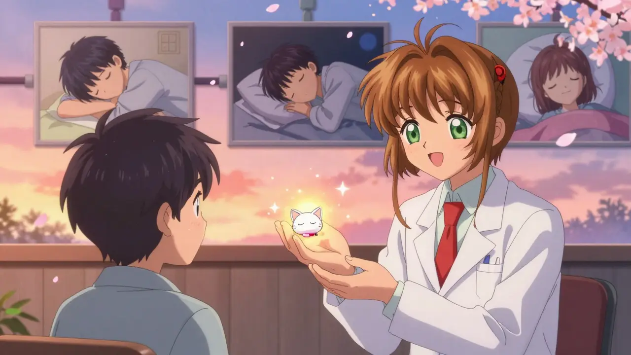 Psychiatrist giving a sleeping-cat-shaped pill to a patient as a timeline of recovery glows behind them.