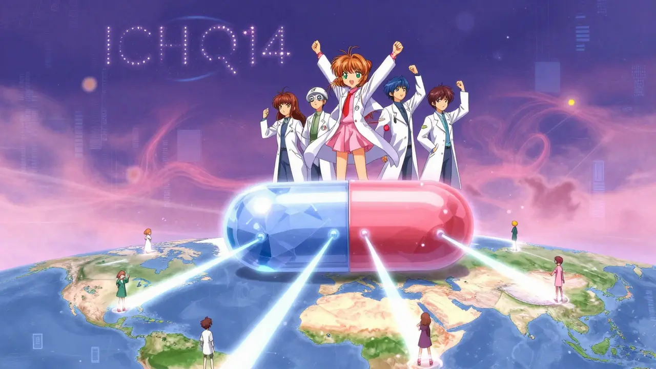 Scientists stand atop a floating super-generic pill, light beams connecting global regions in dreamy anime style.