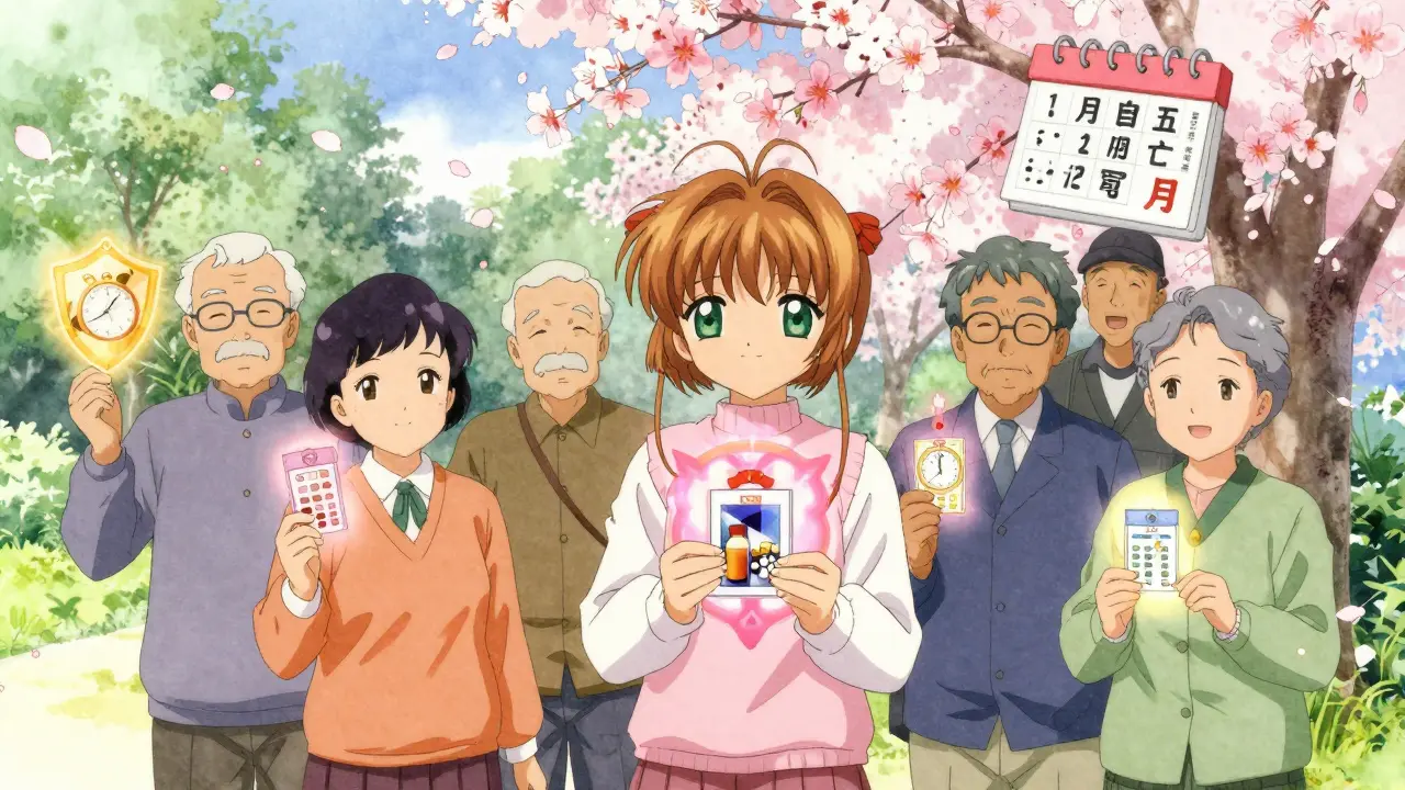 Seniors in a park holding glowing medication cards with timing symbols and cherry blossom calendars.