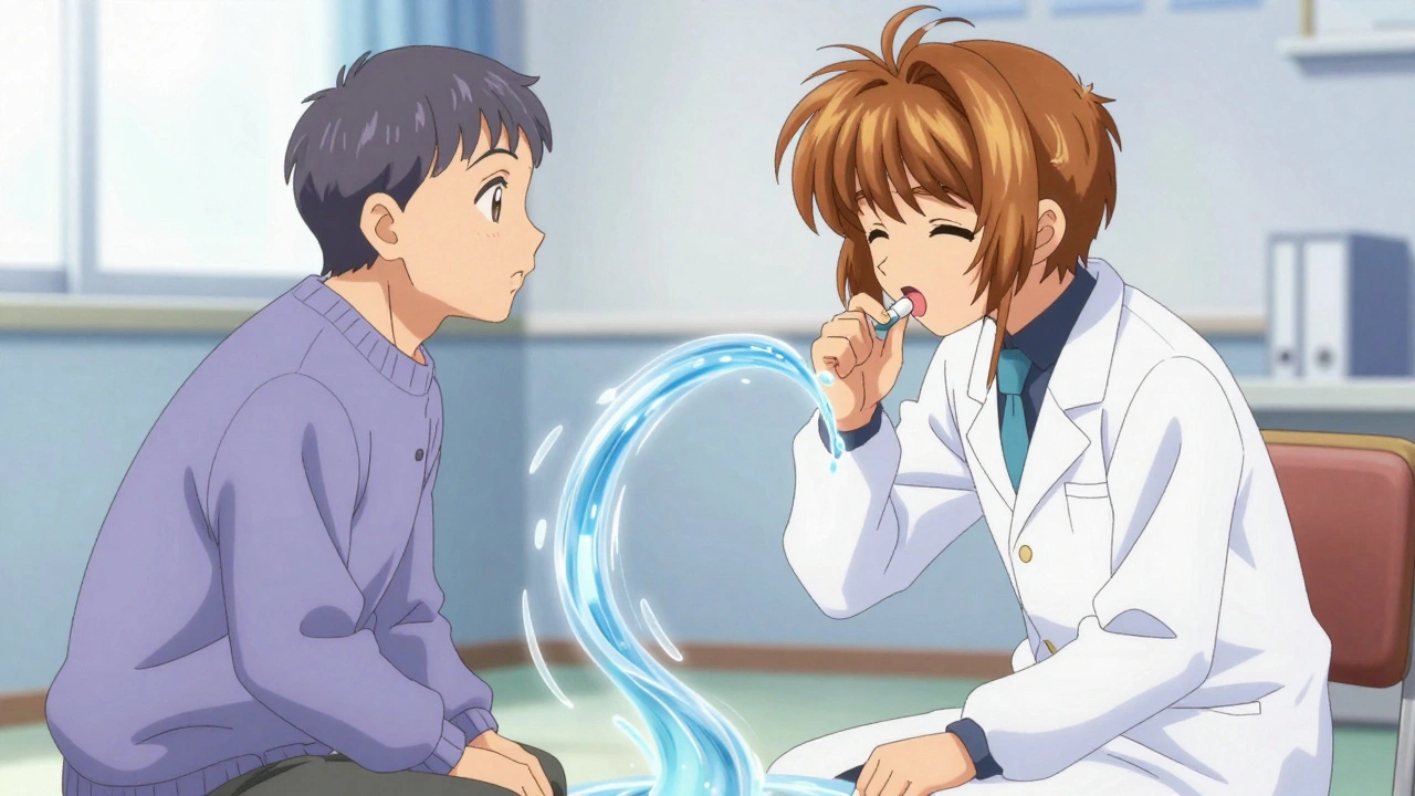 Speech therapist guiding an older patient through the lean-forward swallowing technique.