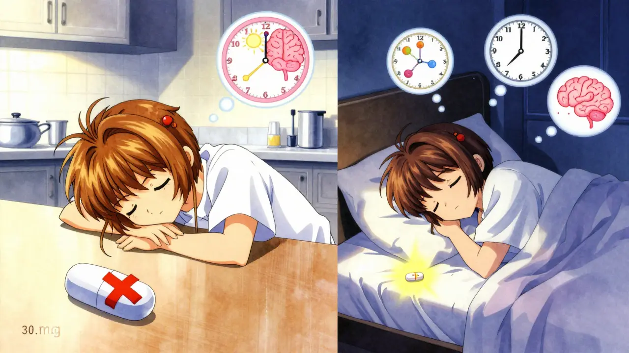 Split scene: groggy person at noon vs. peaceful sleeper at night with pill dosage symbols.