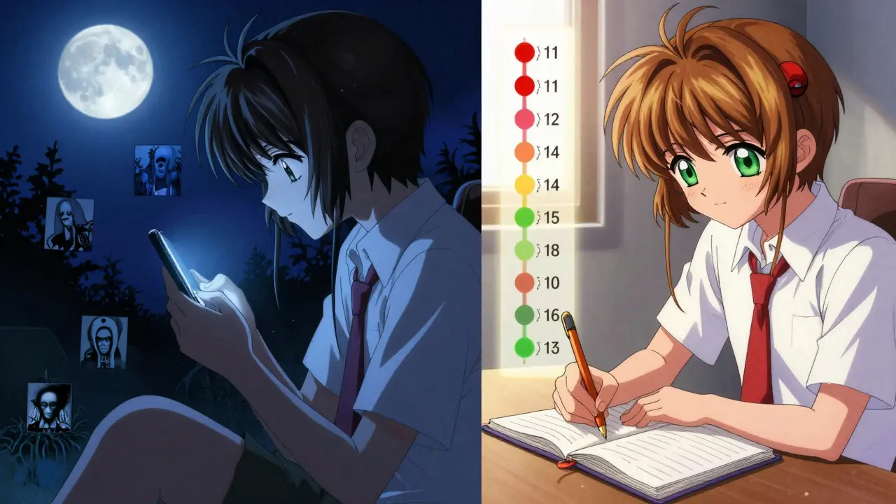 Split scene: person scrolling anxiety-inducing medical stories vs. calmly journaling side effect progress.