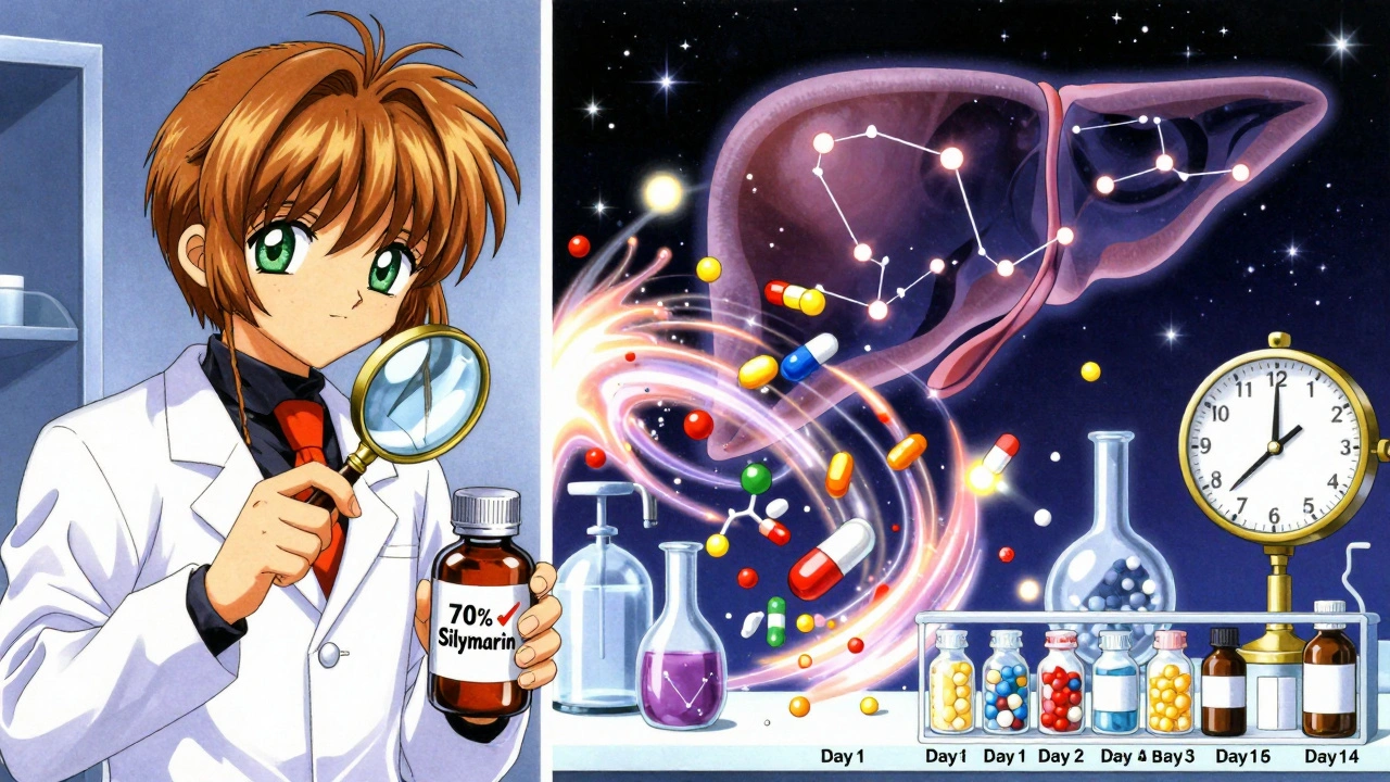 Split scene: pharmacist verifies supplement quality while enzymes chaotically change activity over two weeks.