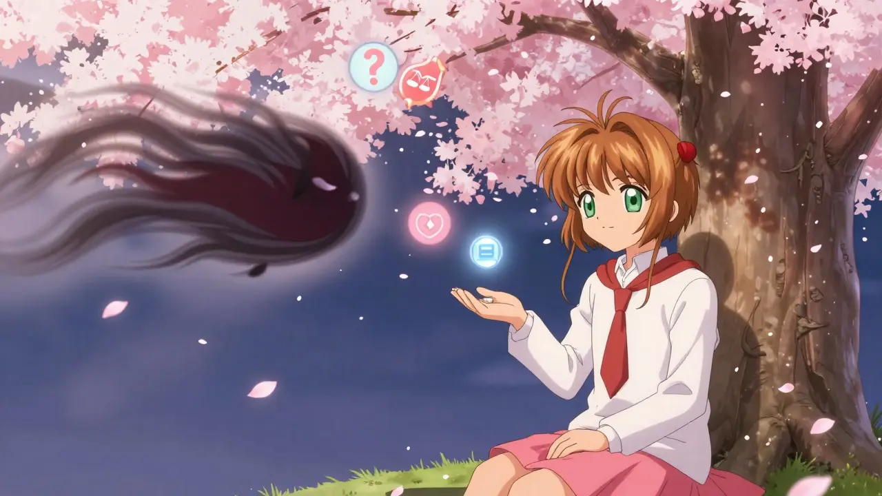 Therapist and patient under a sakura tree as anxiety transforms into light, with a digital app nearby.