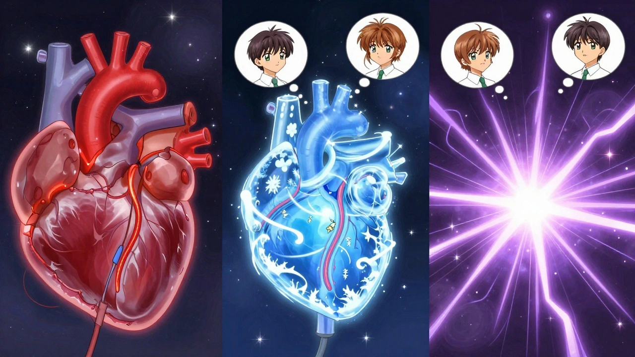 Three magical ablation technologies depicted as glowing energy forms around pulmonary veins in a cosmic heart.