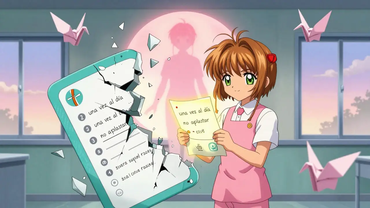 A caregiver holds a glowing cheat sheet as a broken label reveals a human translator, symbolizing clarity.