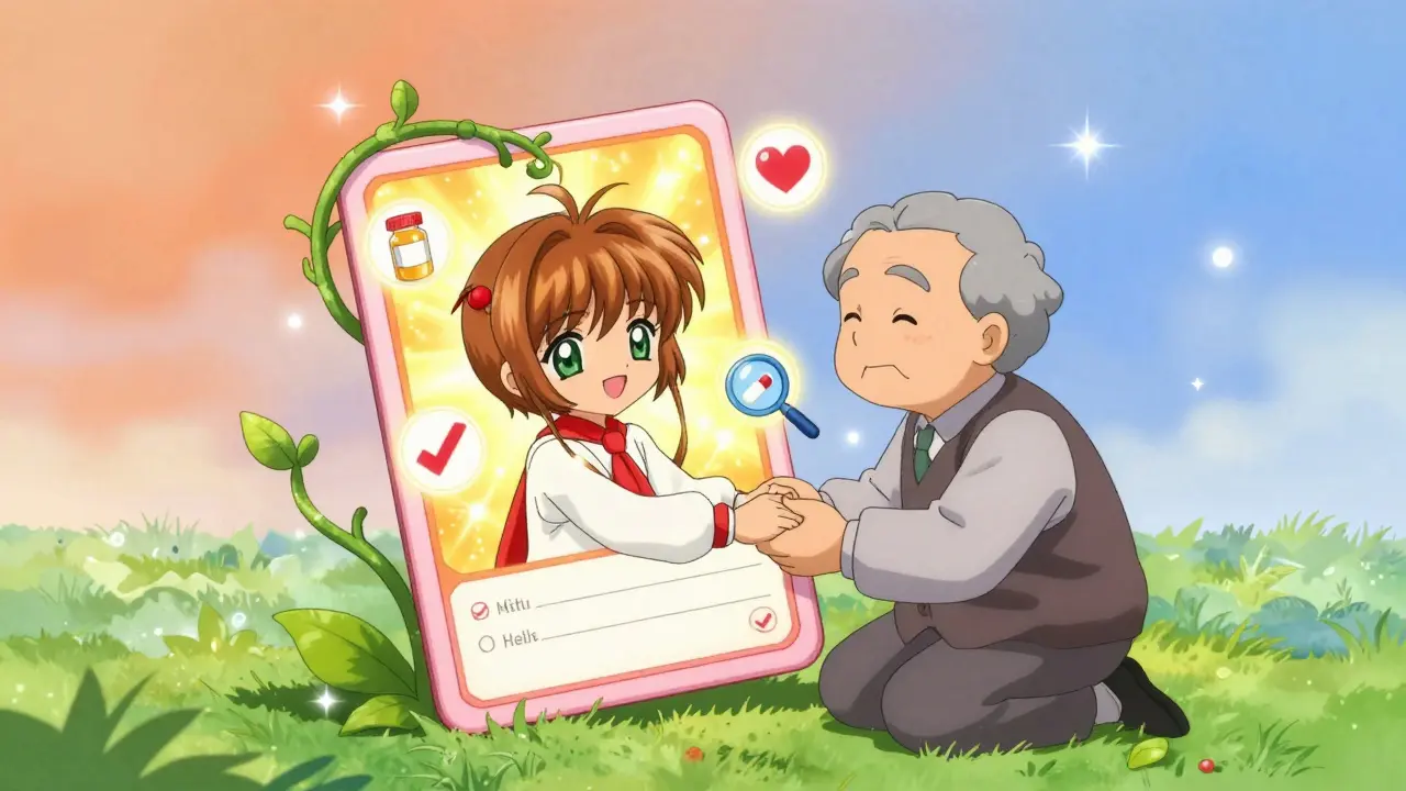 A child and senior holding hands with a glowing medication card showing pill images and symbols of trust.