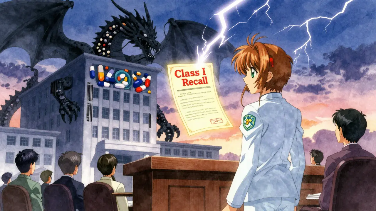 A courtroom scene with an FDA agent facing a dragon made of pills, a glowing court summons between them under a stormy sky.