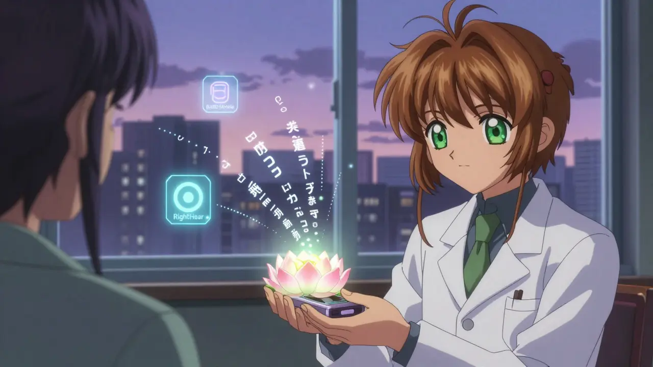 A doctor gives a patient a lotus-shaped audio device that transforms text into floating spoken words, symbolizing accessible healthcare.