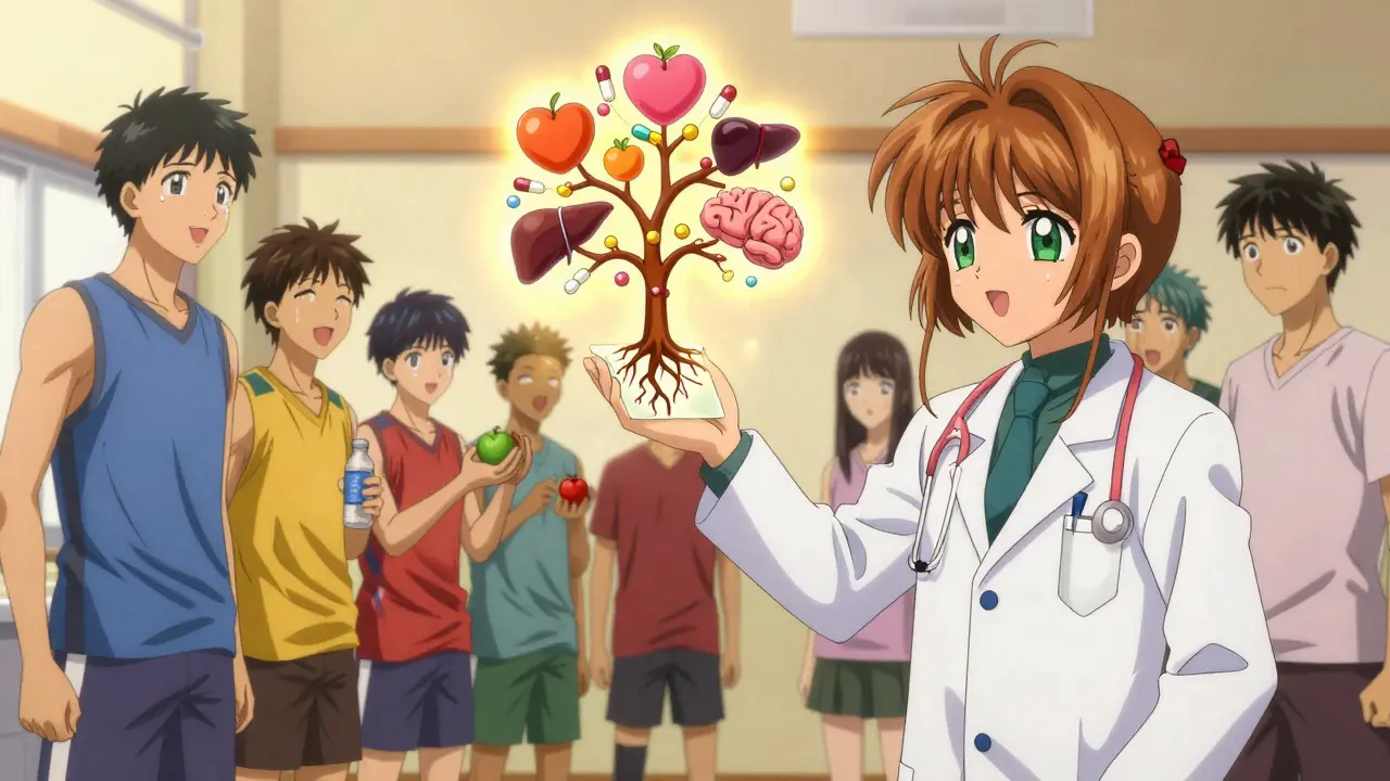 A doctor holds a blood test that becomes a tree of organs, while athletes reach for healthy food under golden light.