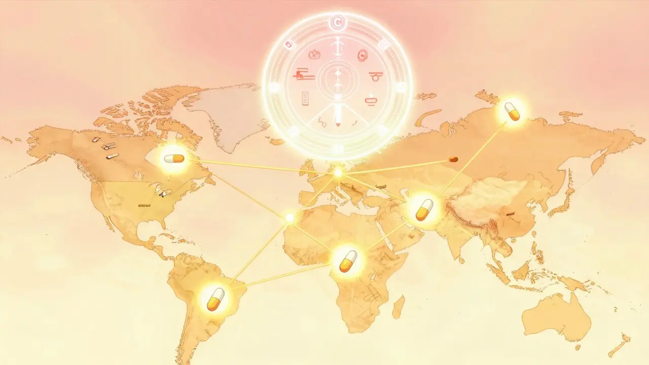 A global map with glowing FDA inspection sites connected by golden threads under a glowing seal.