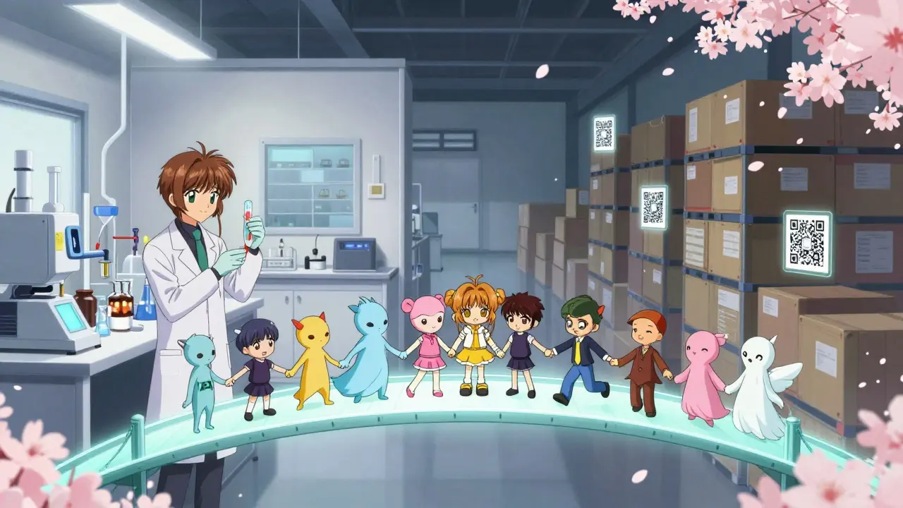 A glowing bridge connects domestic and overseas manufacturing sites, with spirits of trust and speed holding hands.