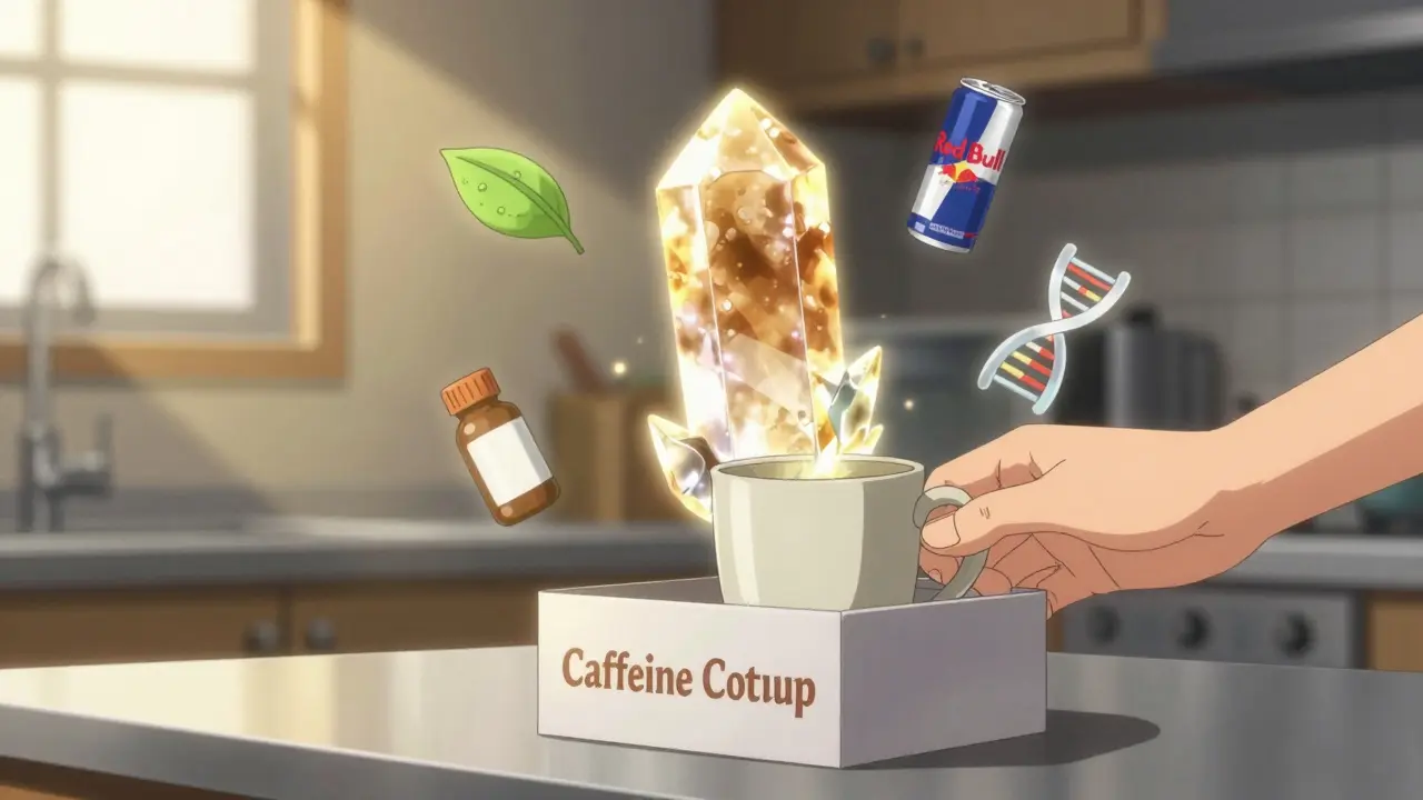A glowing caffeine crystal fades as a mug is placed in a cutoff box, surrounded by icons of tea, energy drink, pill, and DNA.