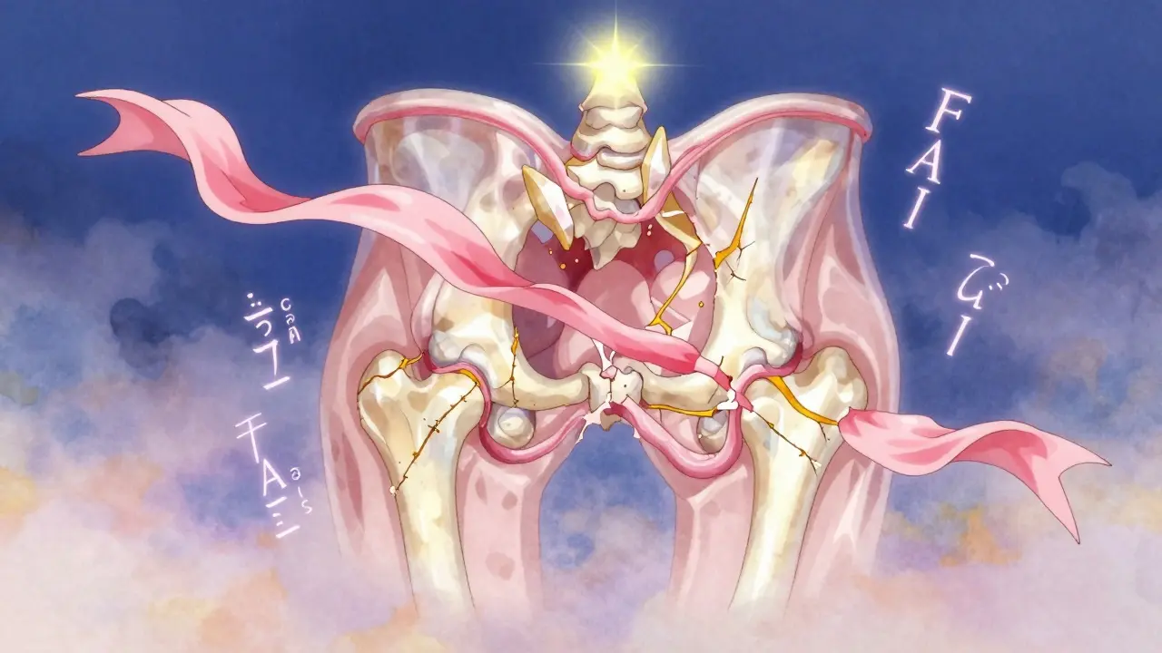 A glowing MRI of a torn hip labrum with golden cartilage damage and bone spurs floating in space.