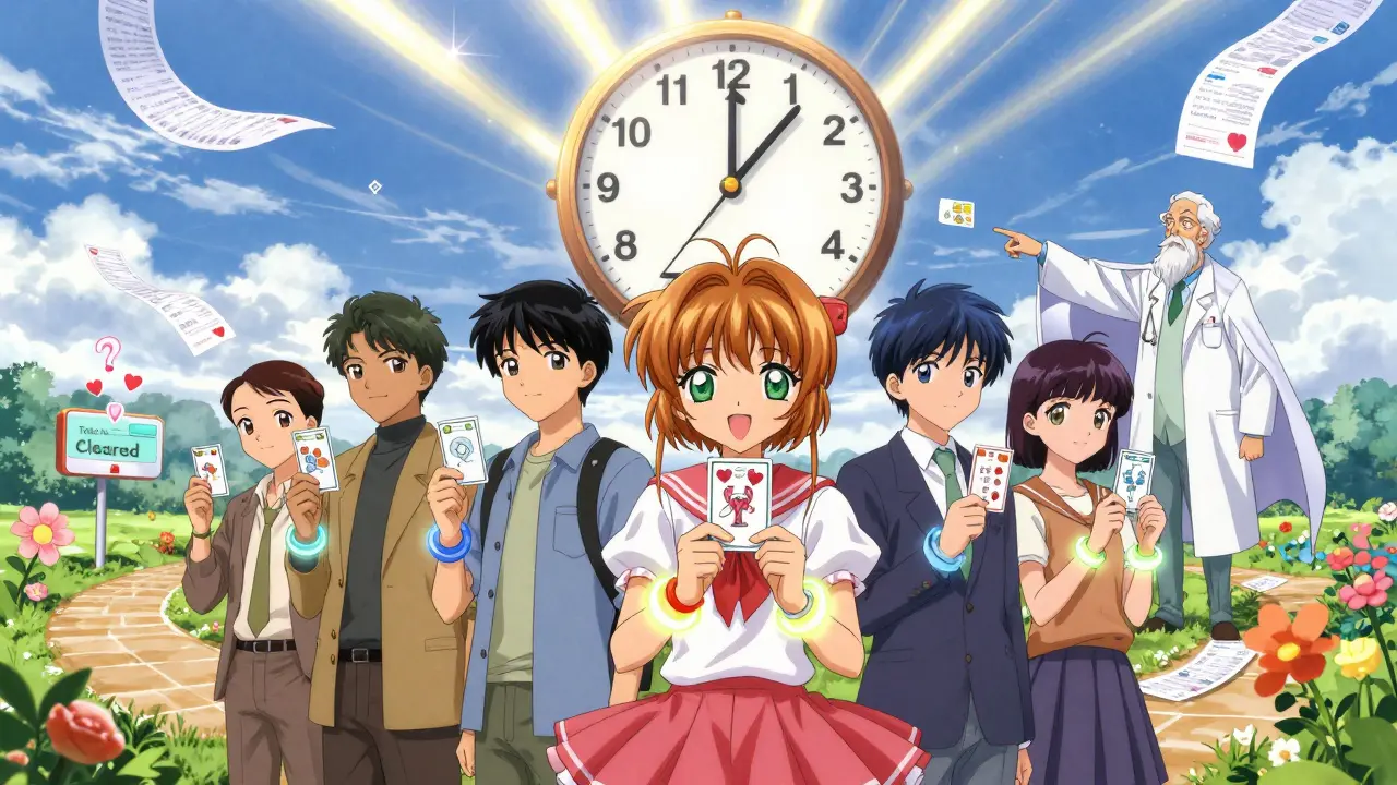 A group of people with glowing medical bracelets under a 2027 clock, walking toward a path of blooming 'Tested &amp; Cleared' flowers.