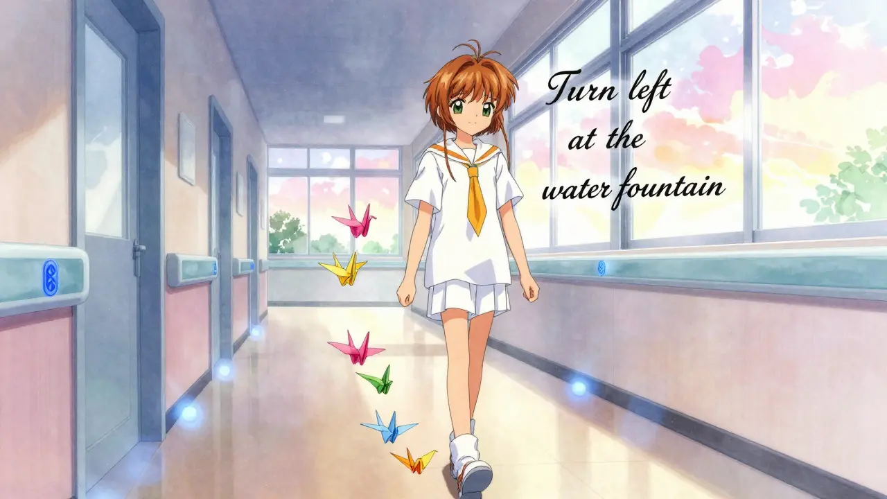 A hospital hallway with glowing blue beacons guiding a patient via floating whispered directions and fluttering paper cranes.