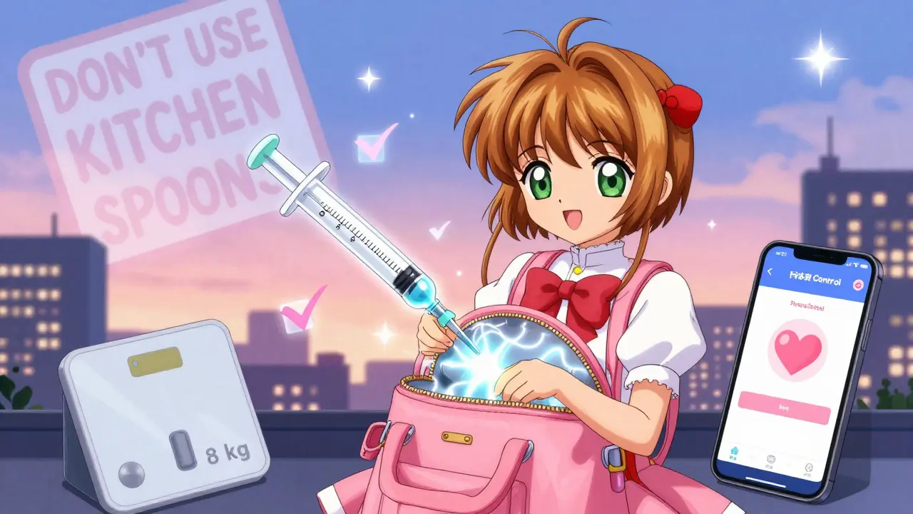 A magical oral syringe emerges from a diaper bag, accompanied by baby weight and Poison Control app icons.