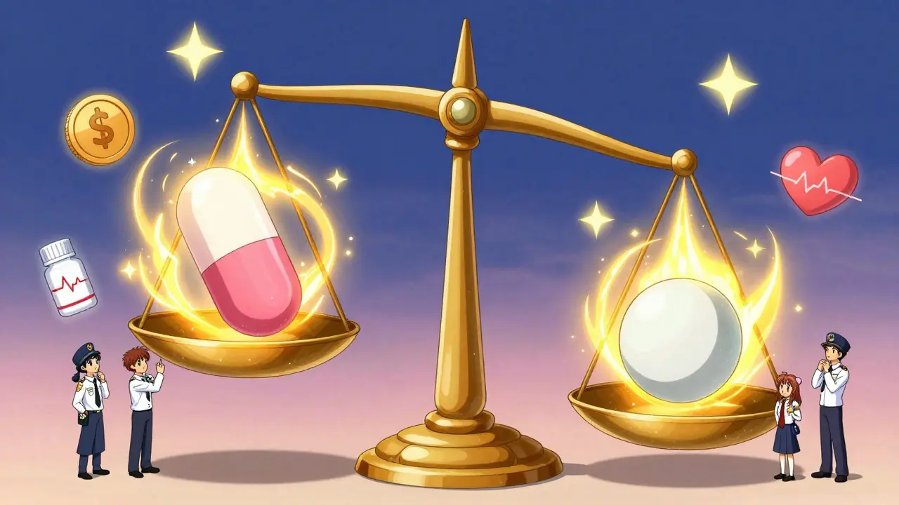 A magical scale balances brand-name and generic pills, both emitting equal energy, watched by FDA inspectors.