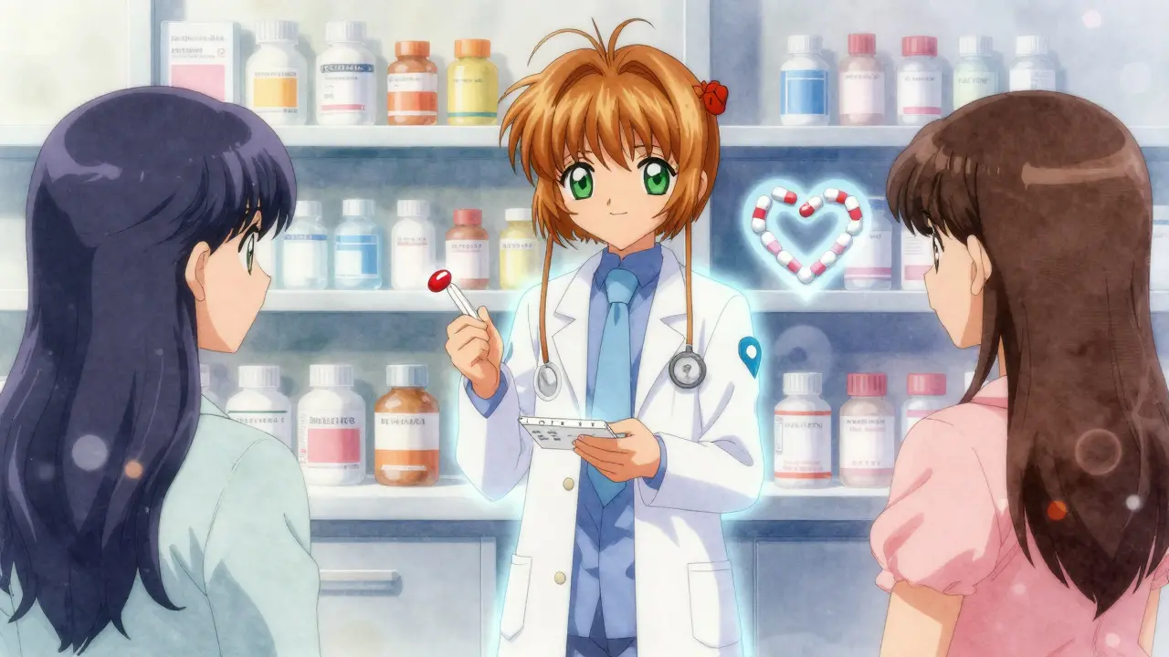 A medical interpreter helps two patients as floating pills form a heart, symbolizing accurate translation.