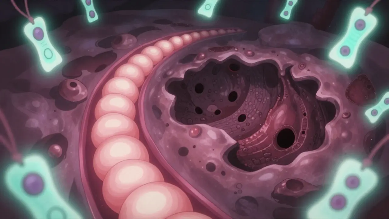 A mystical colonoscopy view showing uniform ulcers versus deep craters and cobblestoning in anime style.
