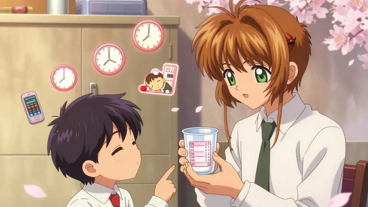 A parent and child looking at a pictogram for medicine timing, with a locked cabinet and Poison Control number glowing softly.