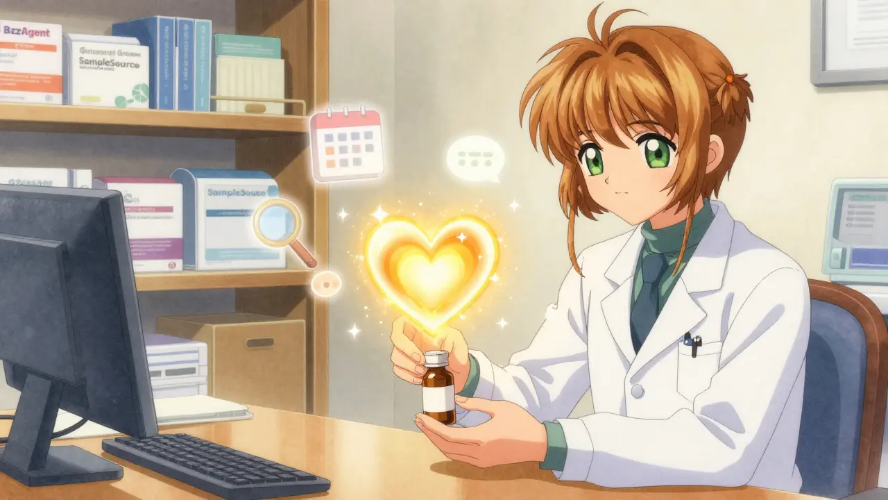A patient and doctor in a warm office, with a glowing feedback heart above a sample bottle in soft anime style.
