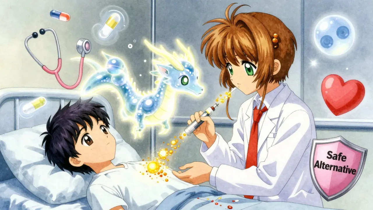 A patient bathed in golden light as a penicillin dragon breathes healing energy, with antibiotic alternatives as spirit animals.