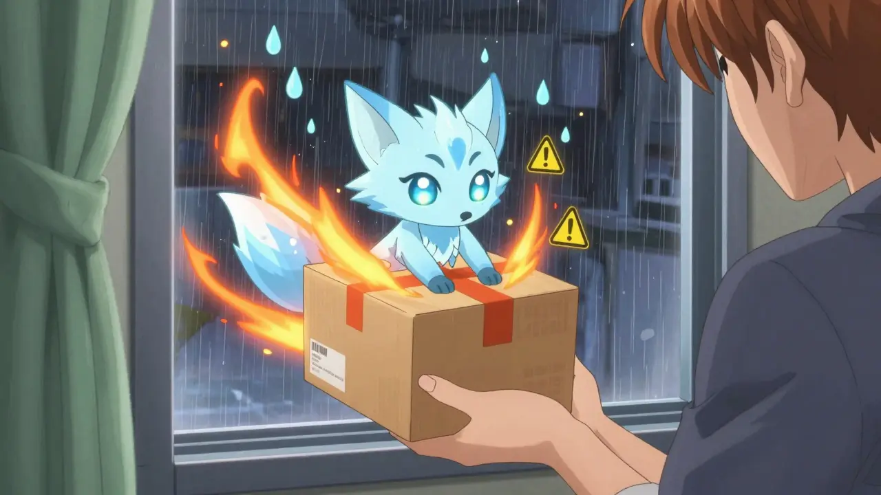 A patient receives a package guarded by a fox spirit shielding it from heat waves outside.